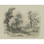 George Harley - Country landscape with thatched cottage and figure, 19th century pencil, inscribed