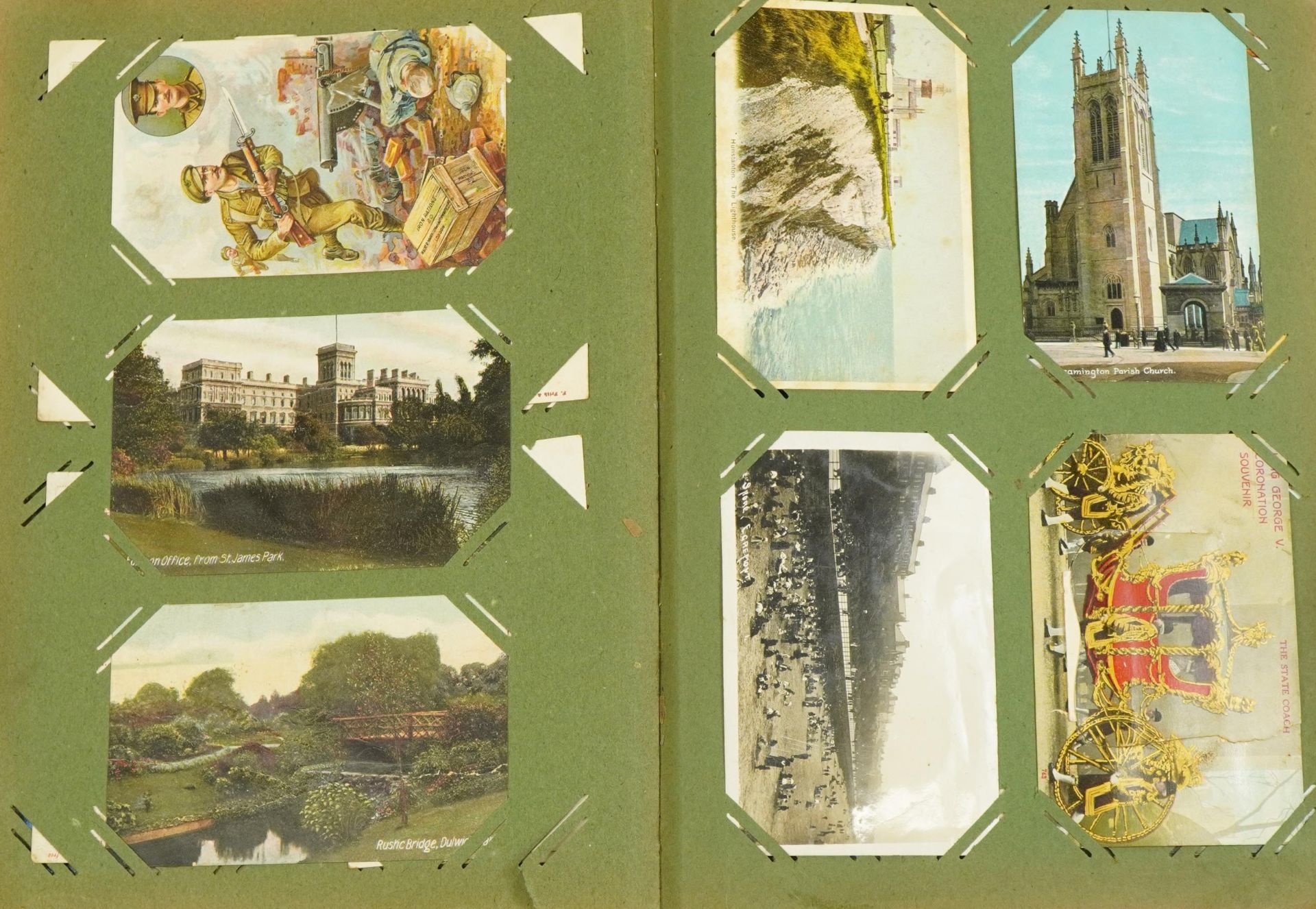 Good collection of Edwardian topographical and social history postcards arranged in an album, some