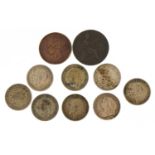 George IV and later coinage, some silver, including thrupenny bits, 1802 farthing and Victorian