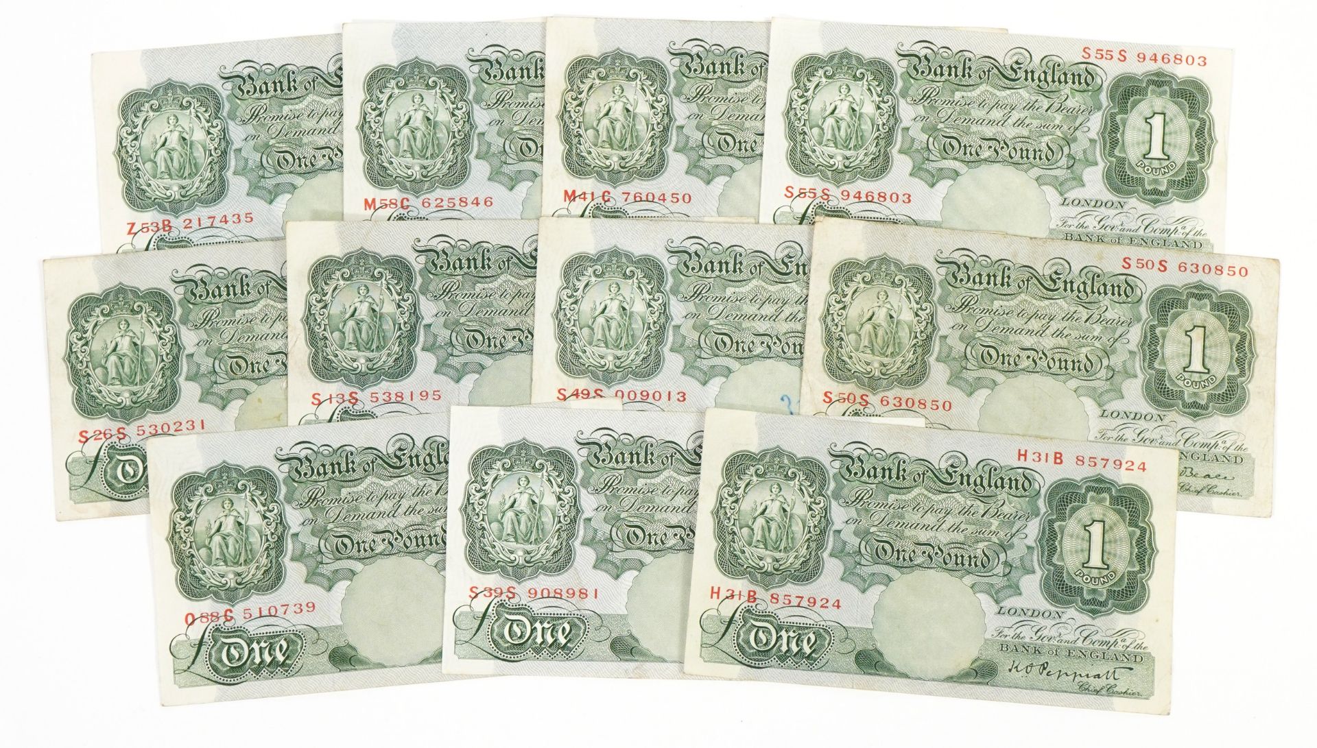 Eleven Bank of England one pound notes with Chief Cashiers P S Beale and K O Peppiatt, various