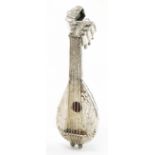 Novelty Dutch silver scent bottle and stopper in the form of a mandolin embossed with Putti, 9.5cm