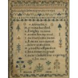 Early 19th century needlework sampler with reverse dated March 3rd 1834, framed and glazed, 43cm x