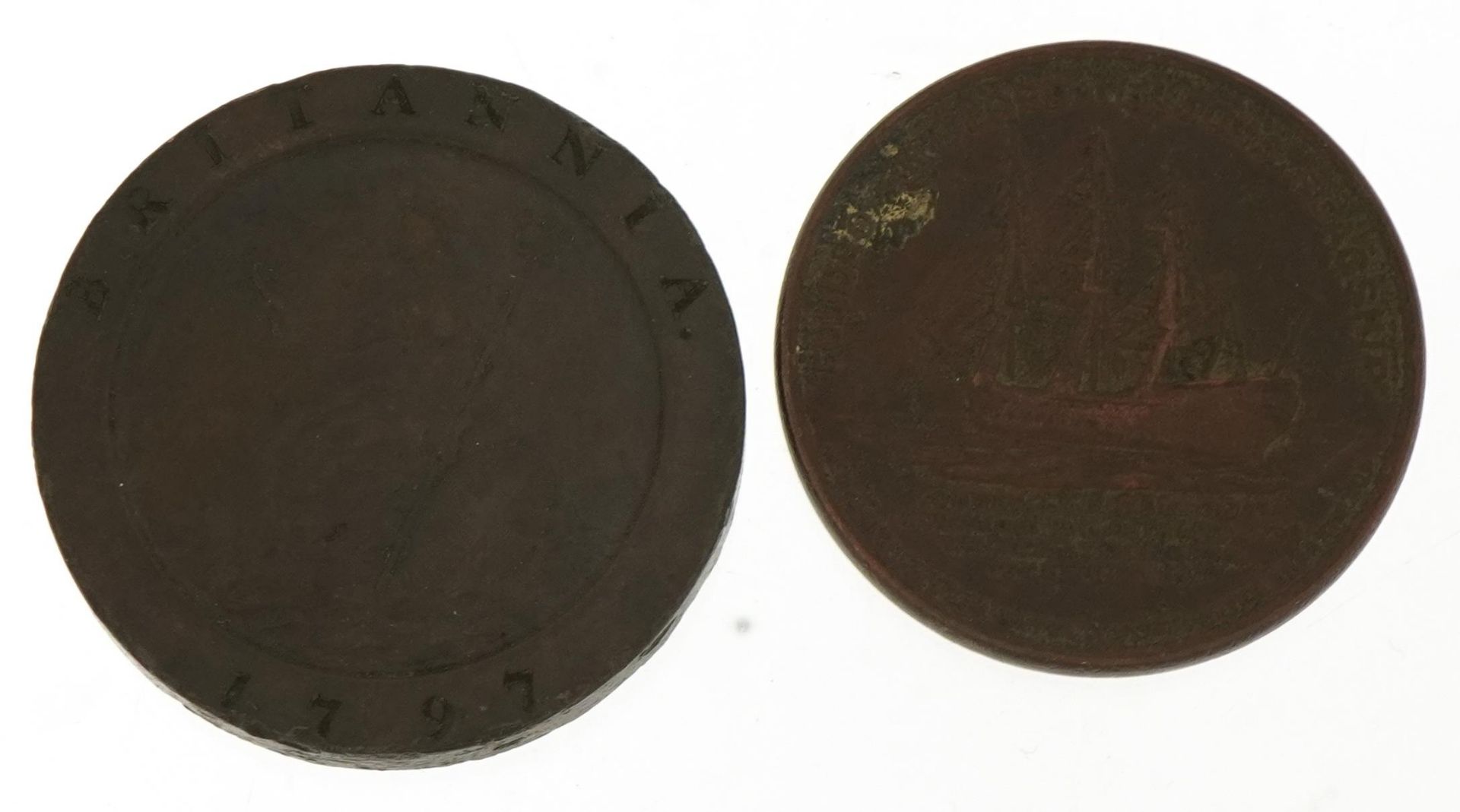 George III 1797 Cartwheel penny and a medal relating to Horatio Nelson commemorating HMS - Image 2 of 3