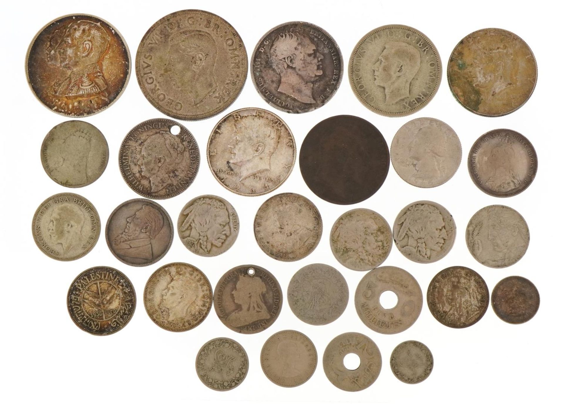 Antique and later British and world coinage including Victorian 1887 shilling, 1937 crown and 1834