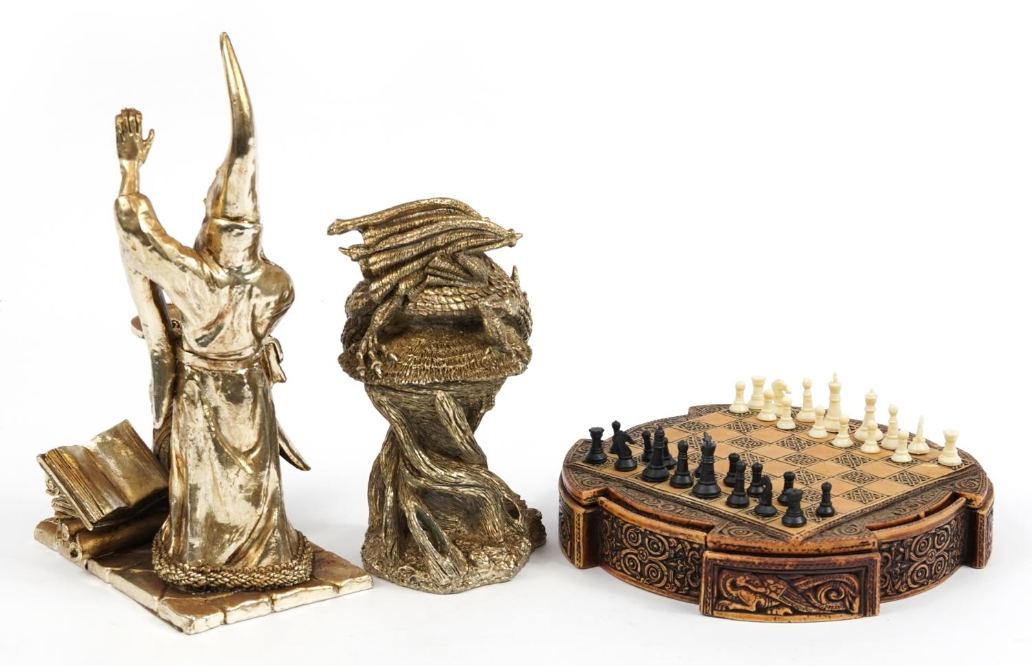 Celtic design chess board with pieces and two silvered Myth & Magic style figures, the largest - Image 4 of 5