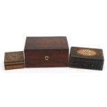Woodenware including an Anglo Indian box carved with flowers and a Moorish style inlaid box, the