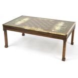 Reverse glass painted medieval design chess table inscribed G Hosking, 40cm H x 102cm W x 61cm D For