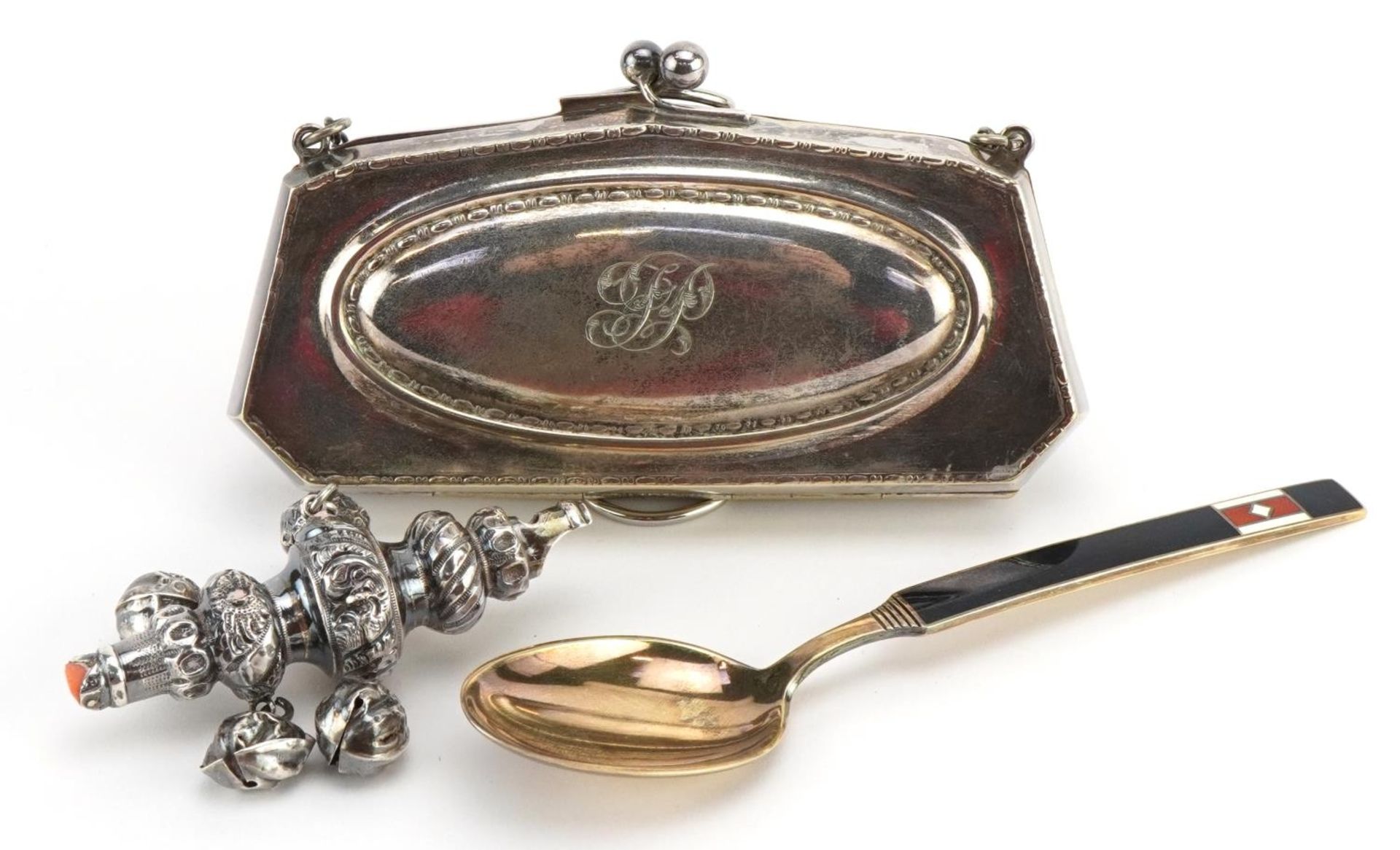 Objects comprising a Norwegian silver gilt and enamel spoon, Victorian silver babies rattle and a
