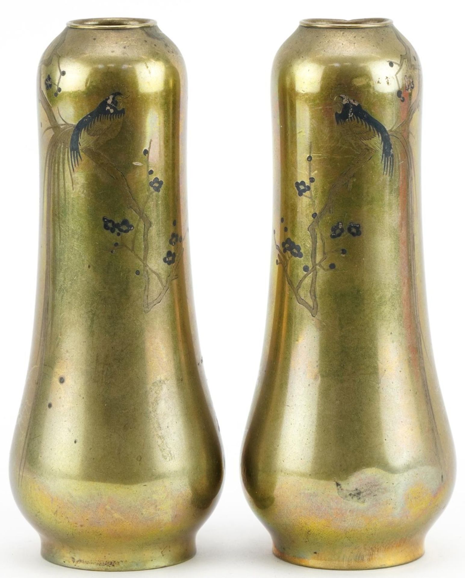 Pair of Japanese mixed metal bronze vases engraved with cockerels amongst blossom, character marks