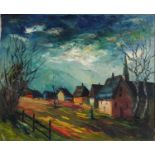 Village street scene with houses and figure, 1960s Russian school impasto oil on canvas,