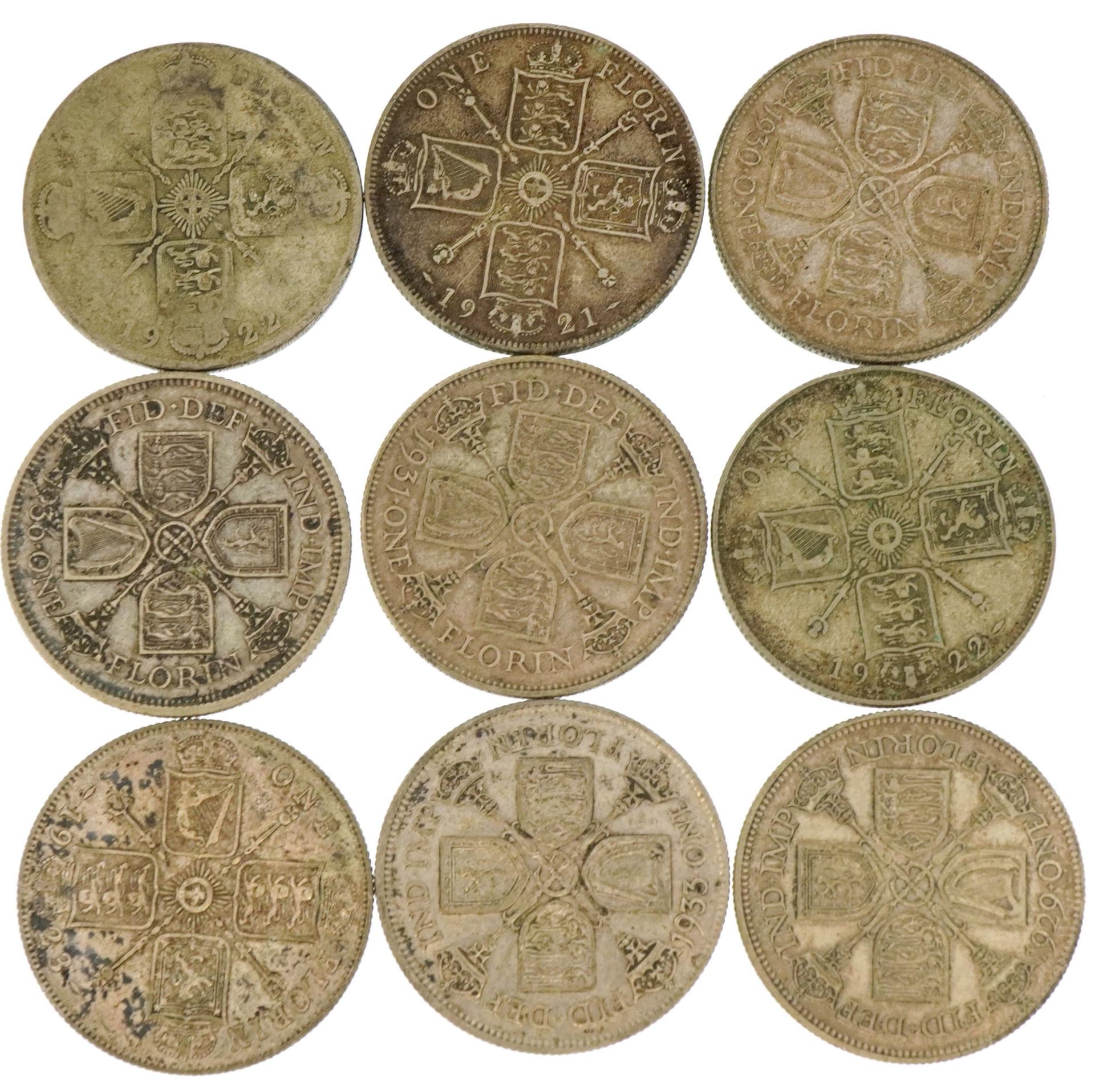 Nine George V pre 1947 florins For further information on this lot please contact the auctioneer - Image 2 of 2