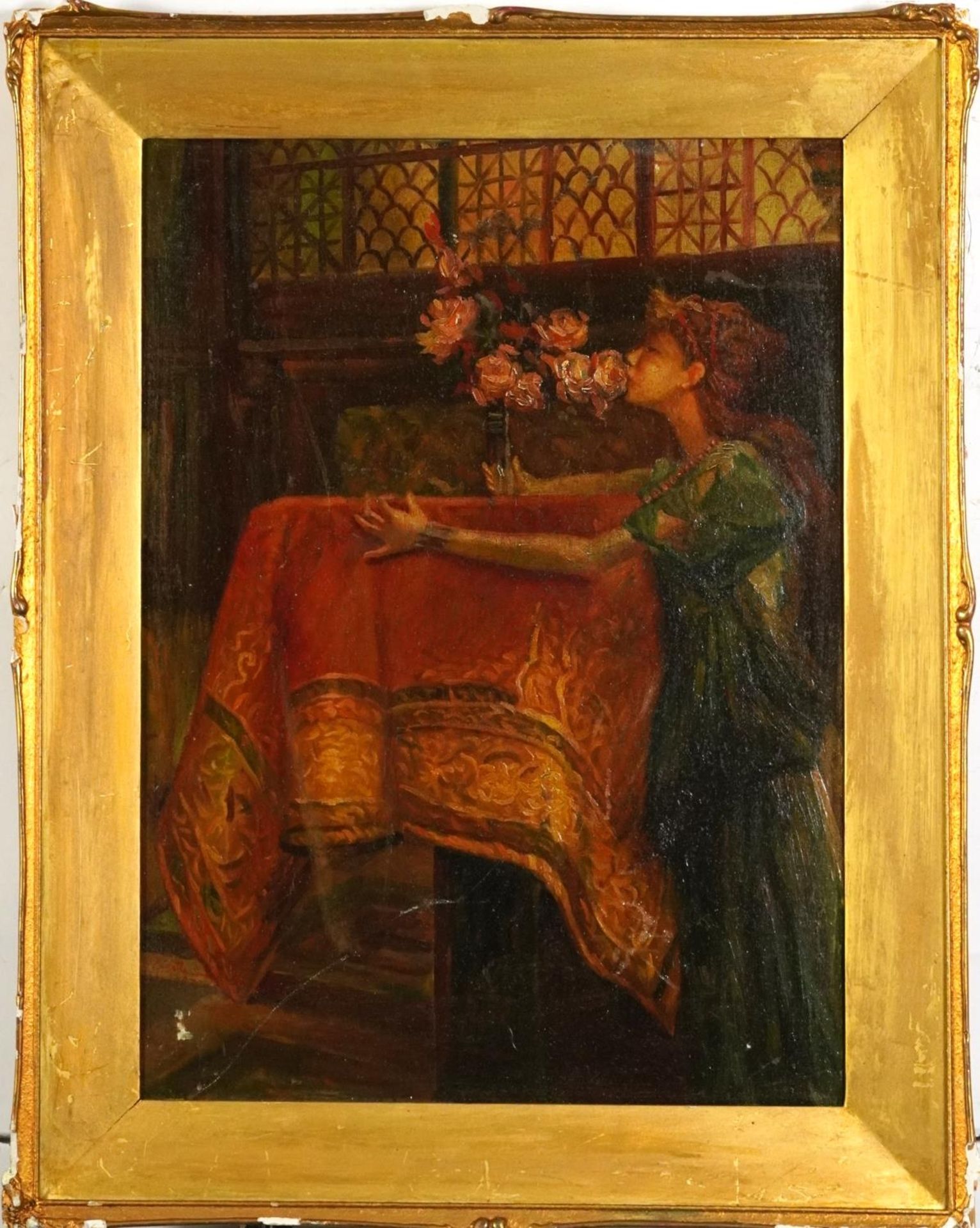 Interior scene with female and flowers, Orientalist school, oil on board, mounted and framed, 49.5cm - Image 2 of 3