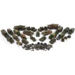 Vintage Dinky diecast army vehicles including Centurion Tank, Army Wagons, Military Ambulance and