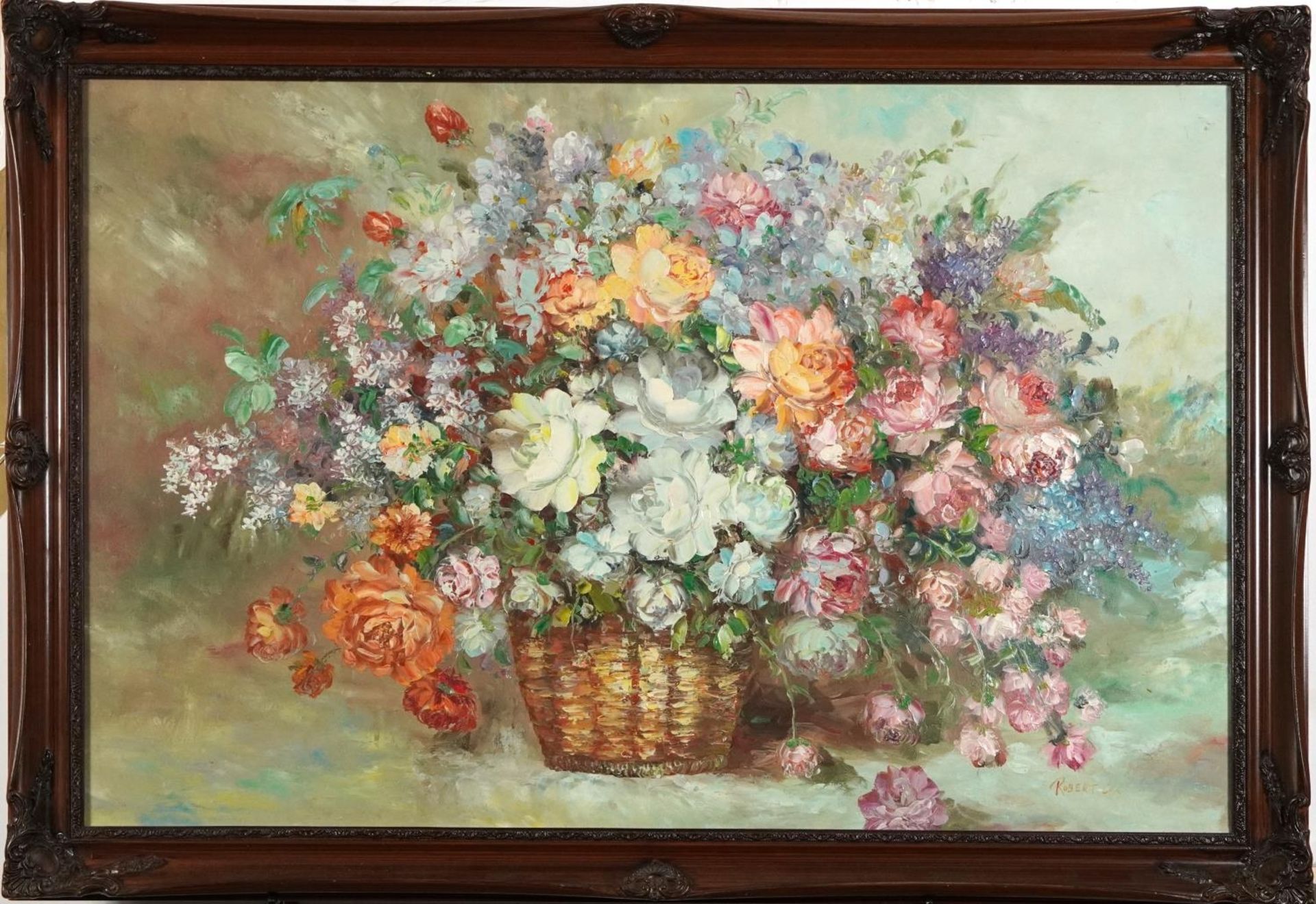 Robert Cox - Still life flowers in a basket, impasto oil on canvas, mounted and framed, 90cm x - Image 2 of 4