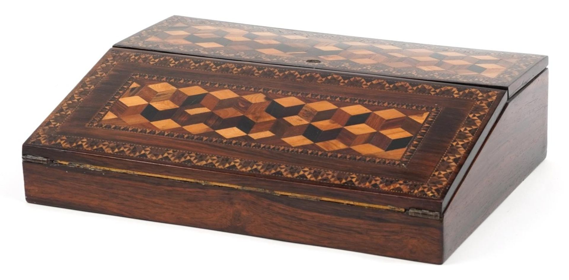Victorian Tunbridge Ware rosewood writing workbox with hinged slope front and lid having tumbling