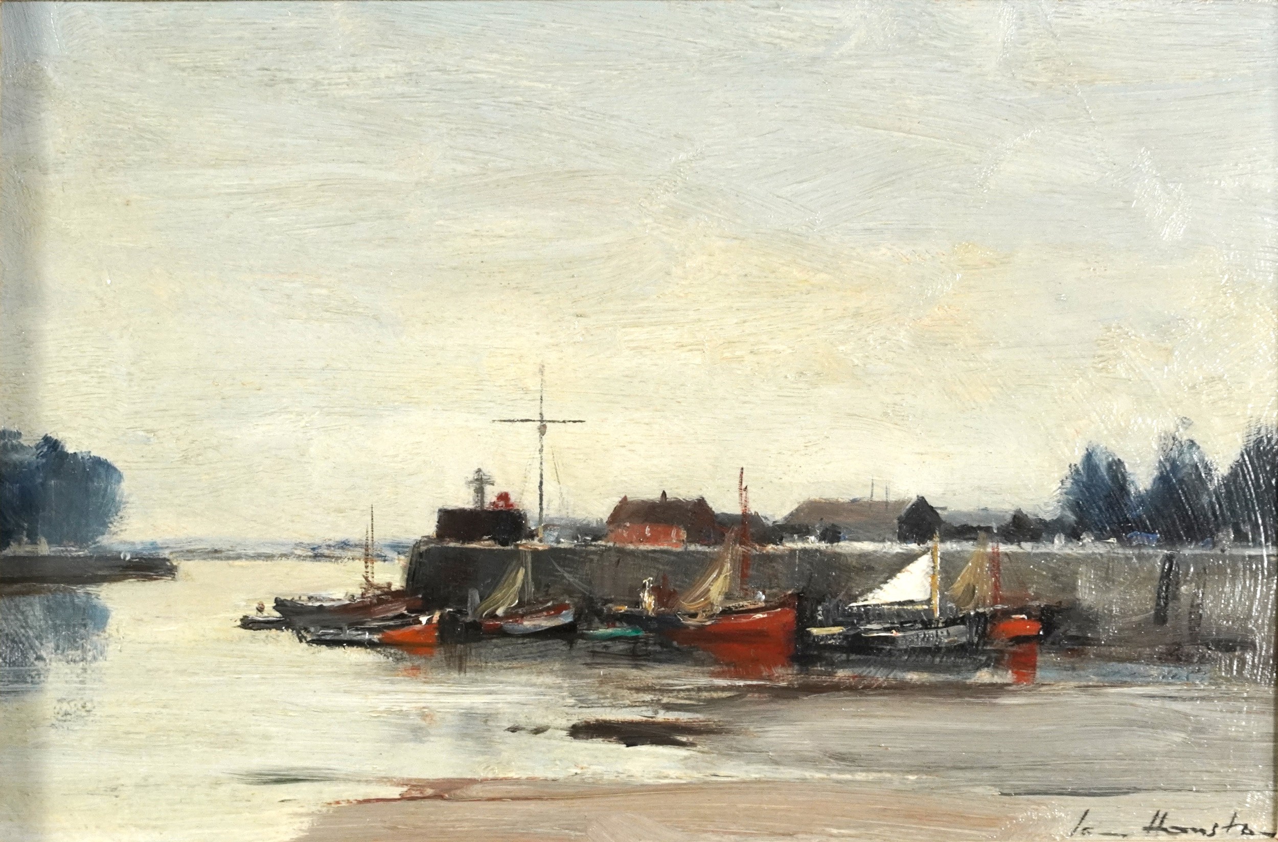 Ian Houston - Honfleur Harbour at low tide, Impressionist oil on board, chalk marks and inscribed