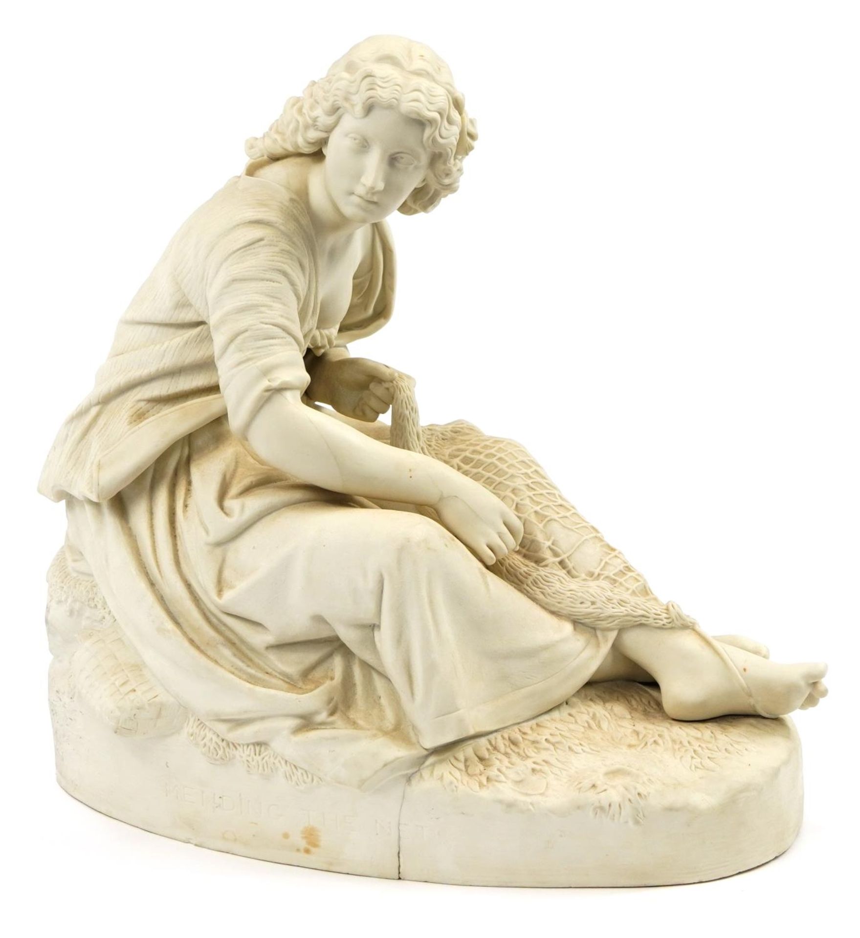 After Edward William Wyon, Victorian Copeland parian ware figure Mending the Net, produced for The