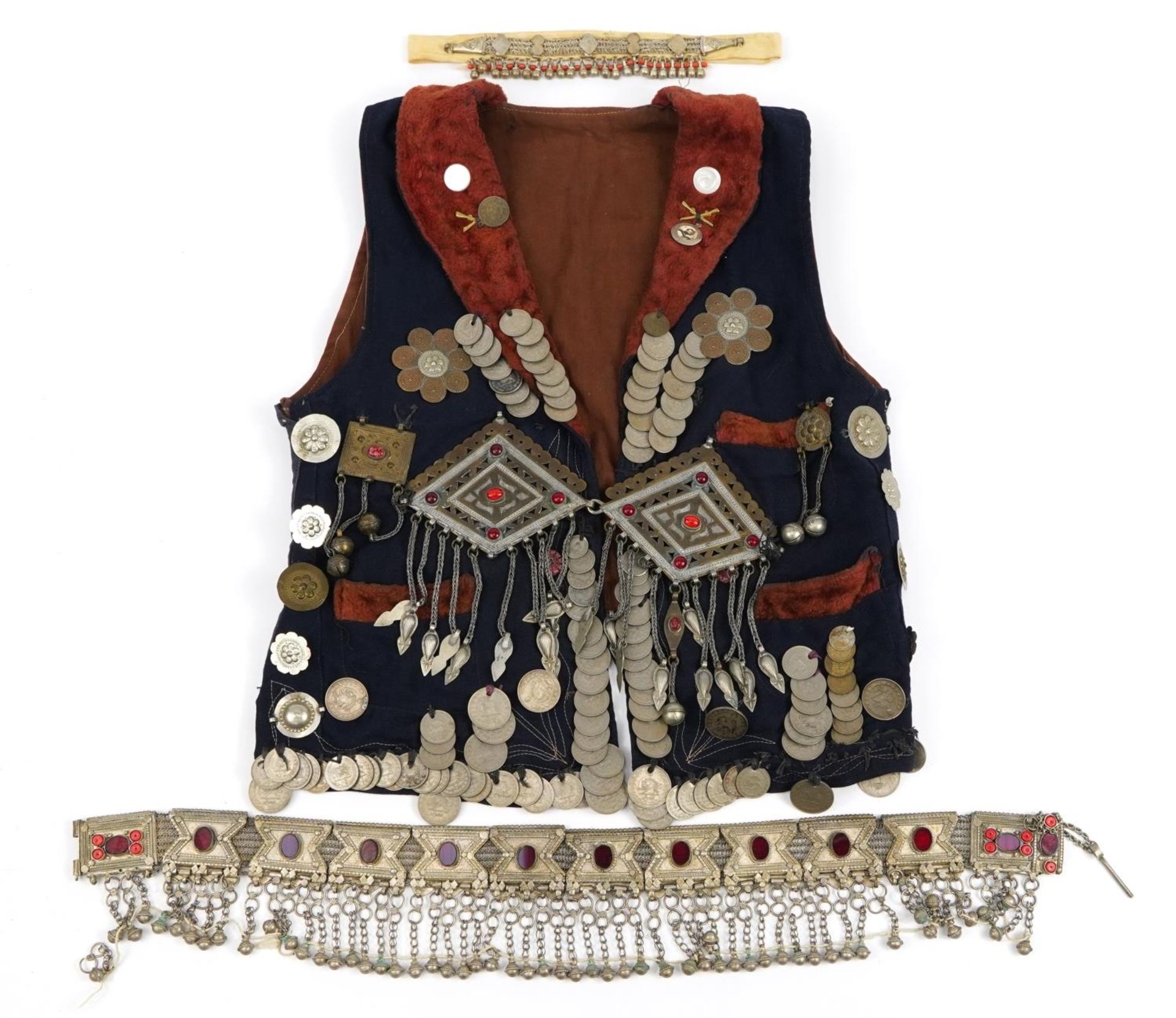 Persian white metal belt and similar collar together with a Persian coin set waistcoat with white