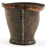 Antique copper bound leather fire bucket with studwork, 23cm high For further information on this