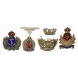 Five military interest silver sweetheart brooches, including three enamelled examples and one set