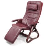 Mahogany framed burgundy leather reclining armchair, 117cm high For further information on this