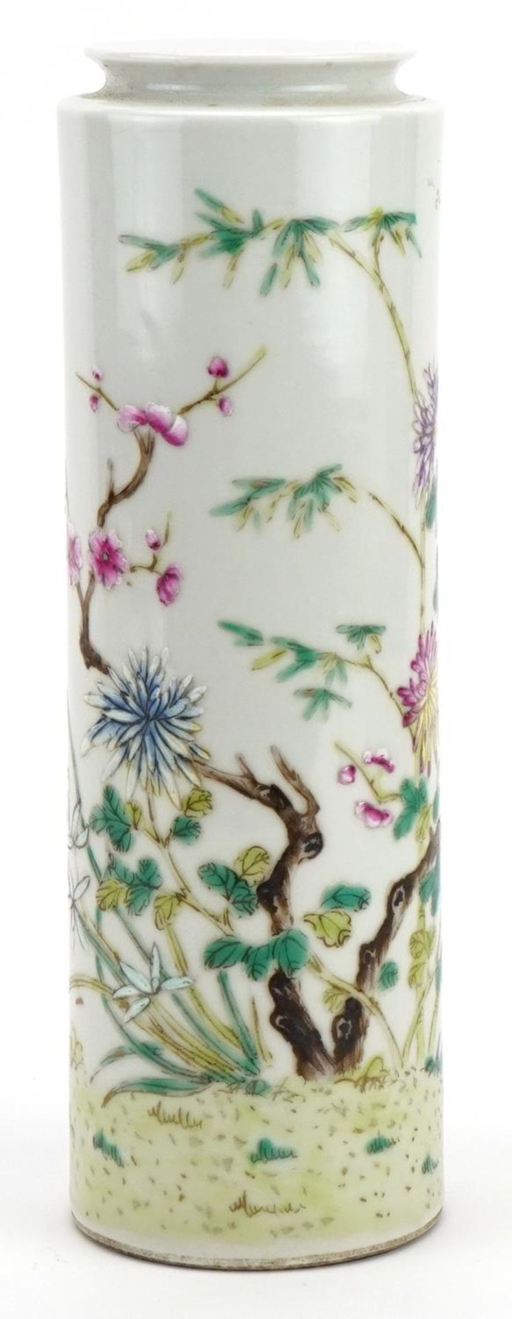 Chinese porcelain cylindrical vase hand painted in the famille rose palette with flowers, four