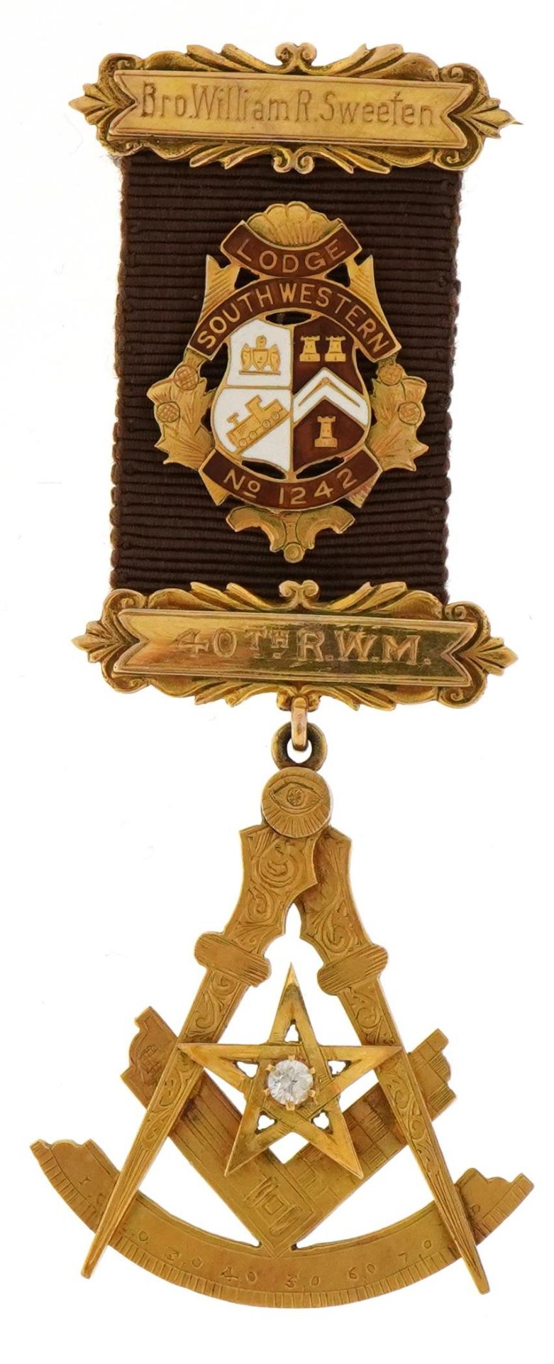 9ct gold and enamel South Western Lodge masonic jewel set with a diamond presented to Bro William