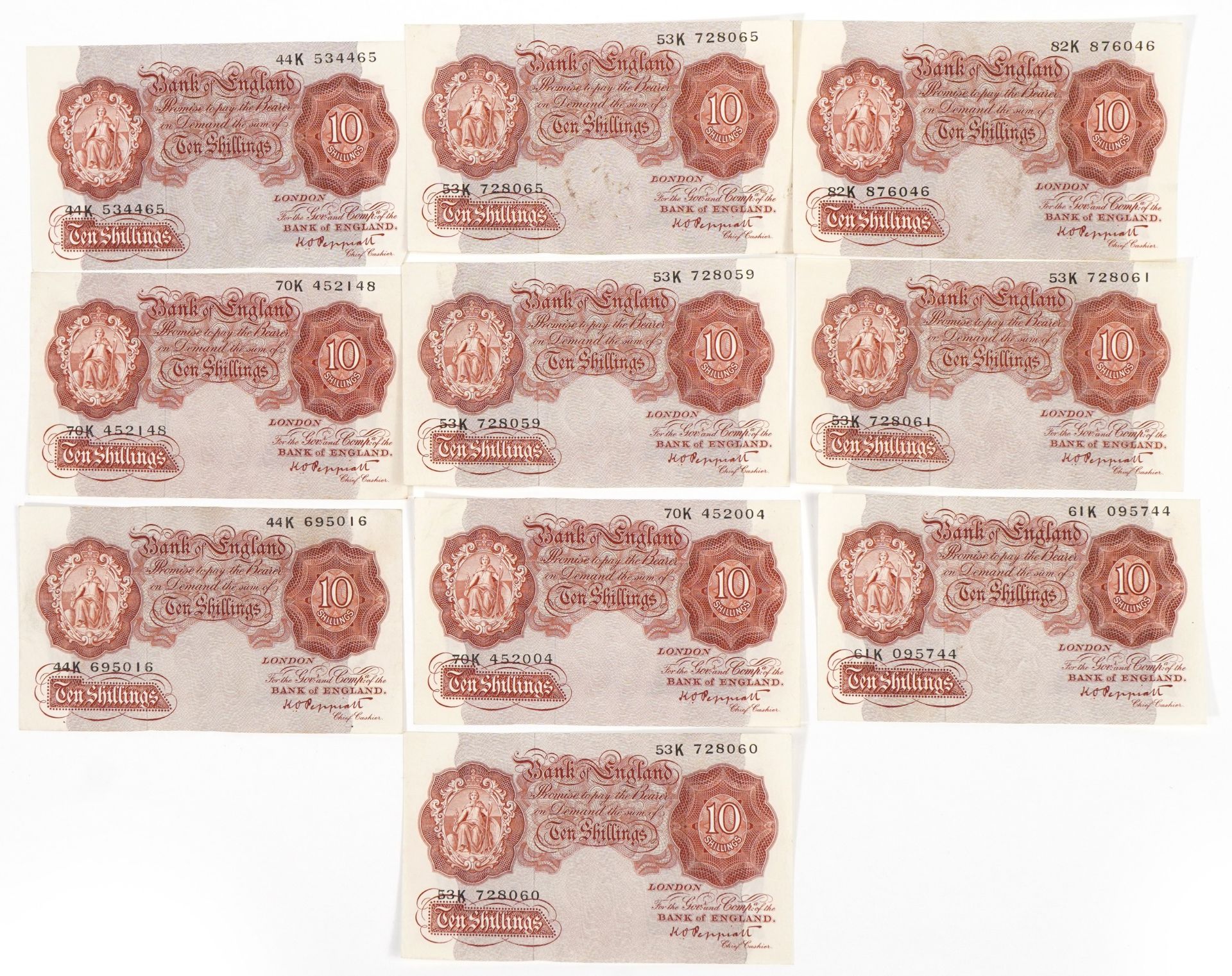 Ten Bank of England ten shilling notes, each Chief Cashier K O Peppiatt, various serial numbers - Image 2 of 3