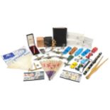 Sundry items including a flute, diecast vehicles, fans and glove stretchers For further