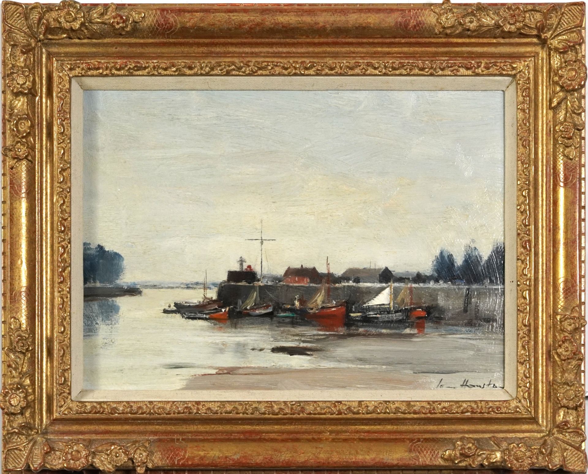 Ian Houston - Honfleur Harbour at low tide, Impressionist oil on board, chalk marks and inscribed - Image 2 of 5