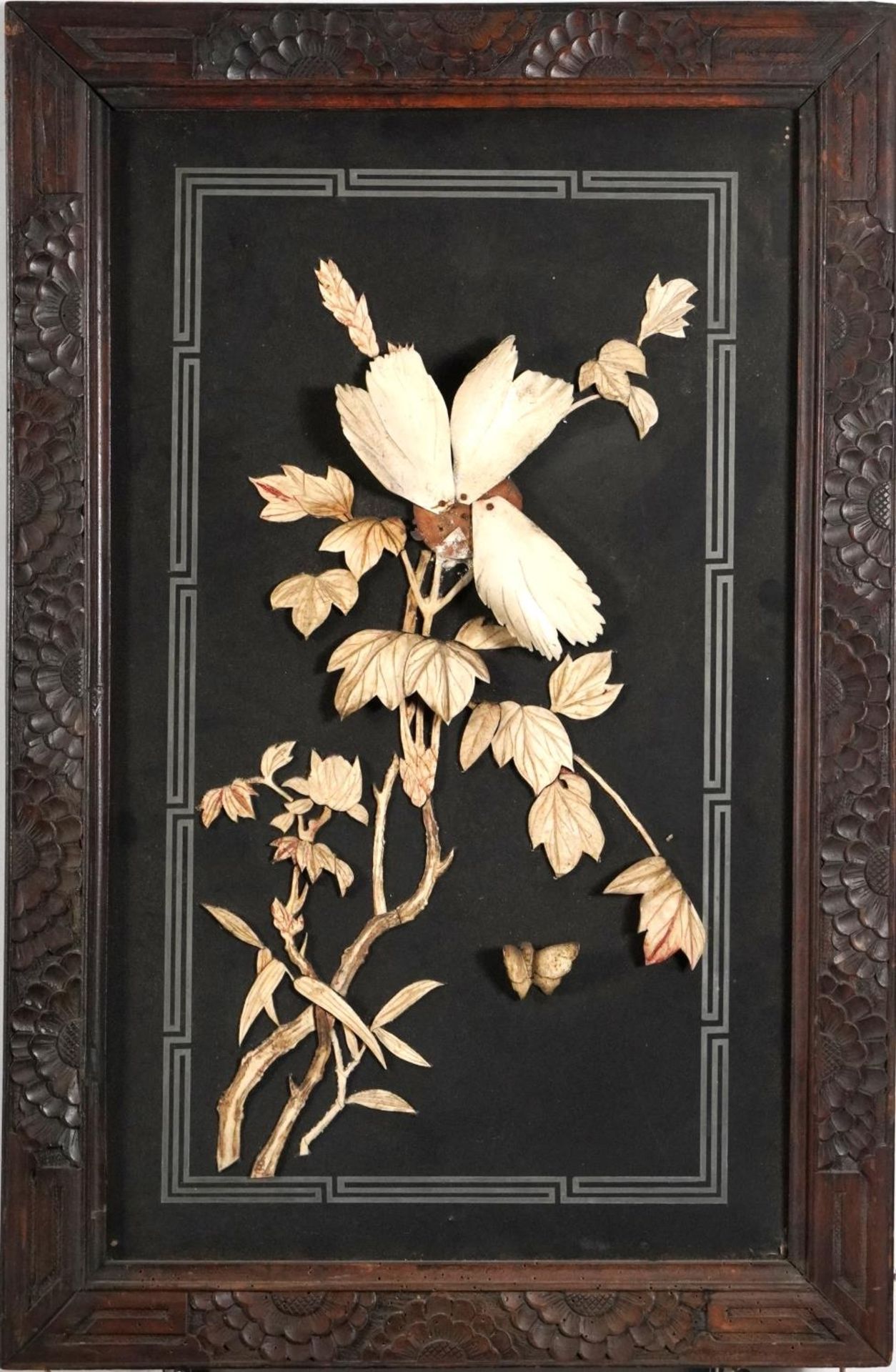 Pair of Japanese lacquered panels with bone inlay housed in carved hardwood frames, each panel - Image 6 of 7