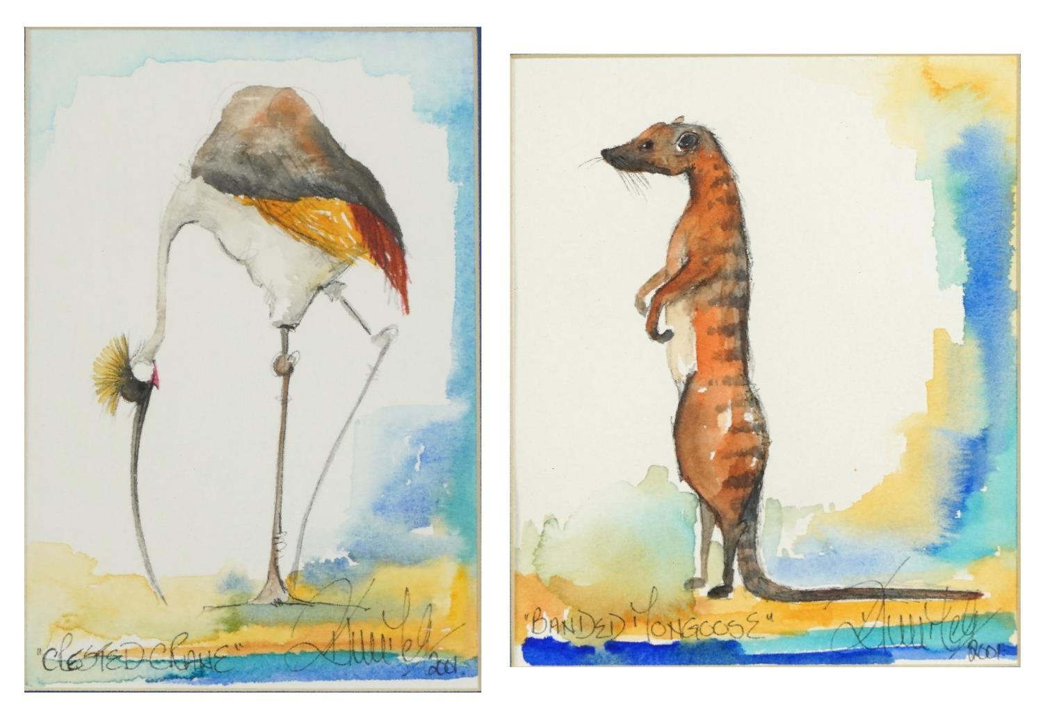 Crested Crane and Banded Mongoose, pair of watercolours, each indistinctly signed and dated 2001,