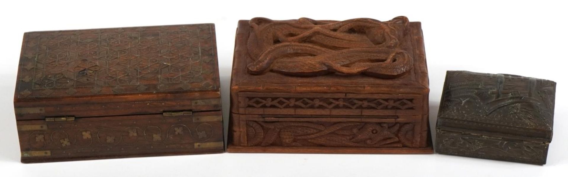 Three oriental and Indian boxes including a hardwood example deeply carved with a dragon and a - Image 3 of 4
