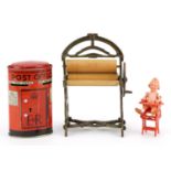 Sundry items including a miniature metal and lightwood mangle, Post Office postbox design money