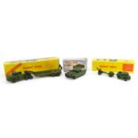 Three vintage Dinky Toys diecast army vehicles with boxes comprising Tank Transporter 660, 25-