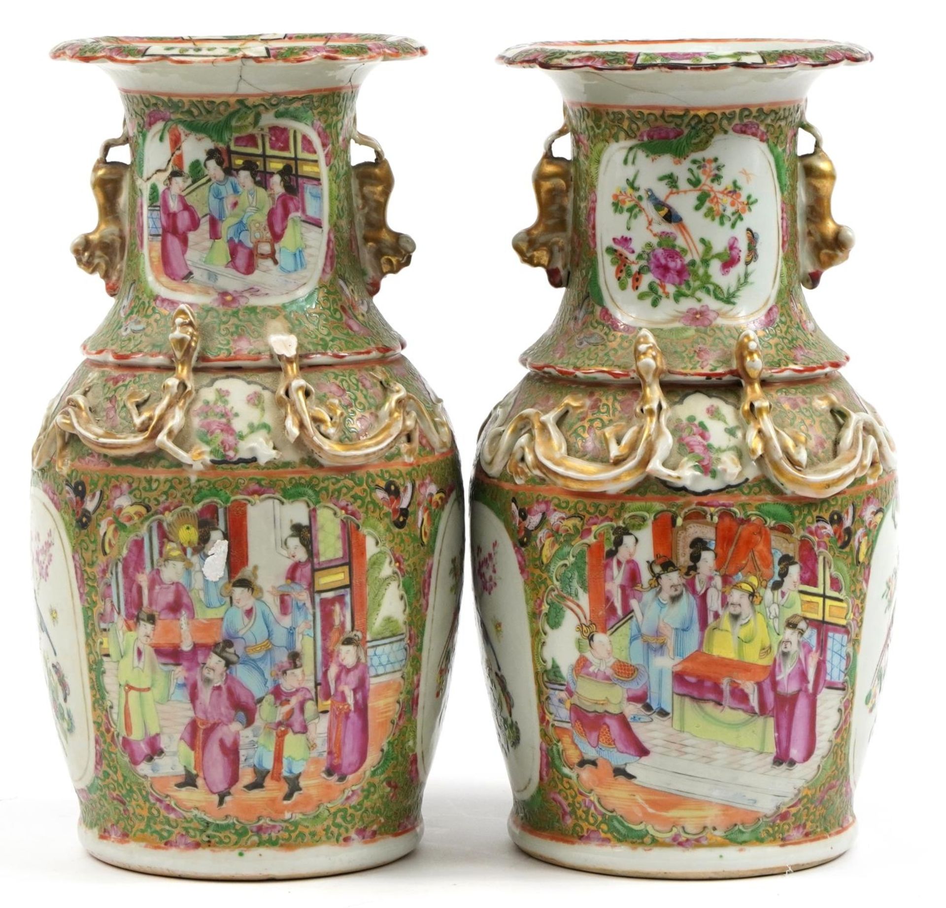 Pair of Chinese Canton porcelain vases with twin handles, each hand painted in the famille rose - Image 2 of 3