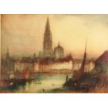 James Alphege Brewer - Antwerp, pencil signed etching in colour, mounted, framed and glazed, 57cm
