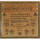 Mid 19th century needlework sampler with verse, alphabet and flowers by Louisa Almey aged 11,