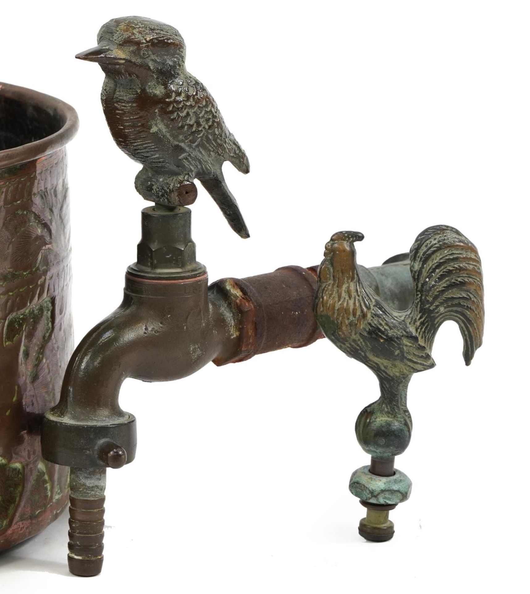 Antique and later metalware including two garden taps including one surmounted with a bronze - Image 3 of 4