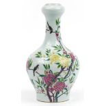 Chinese porcelain garlic head vase hand painted in the famille rose palette with birds amongst
