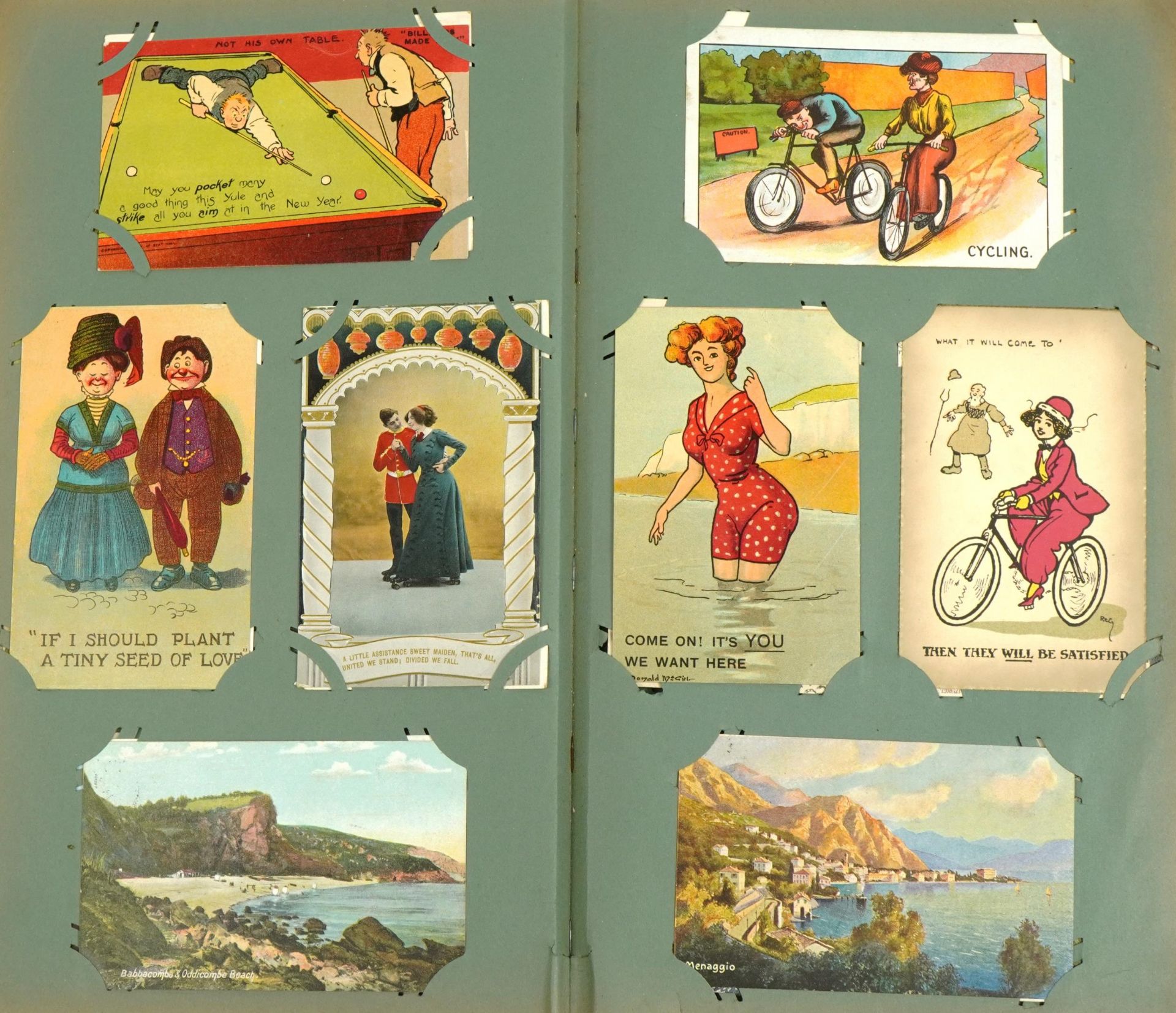 Edwardian and later topographical, social history and comical postcards arranged in an album - Image 7 of 15