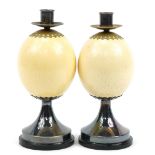 Anthony Redmile, pair of 1970s ostrich egg candlesticks with silver plated mounts, impressed Redmile