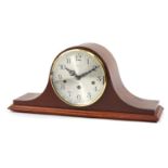 Franz Hermle, German mahogany Napoleon hat shaped mantle clock Westminster chime, 50cm wide For