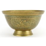 Chinese bronzed footed bowl engraved with dragons, character marks to the base, 26.5cm in diameter