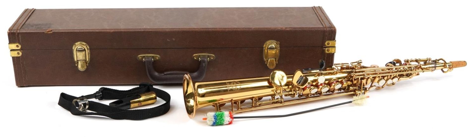 Earlham brass soprano saxophone with fitted case, the saxophone 64cm in length For further