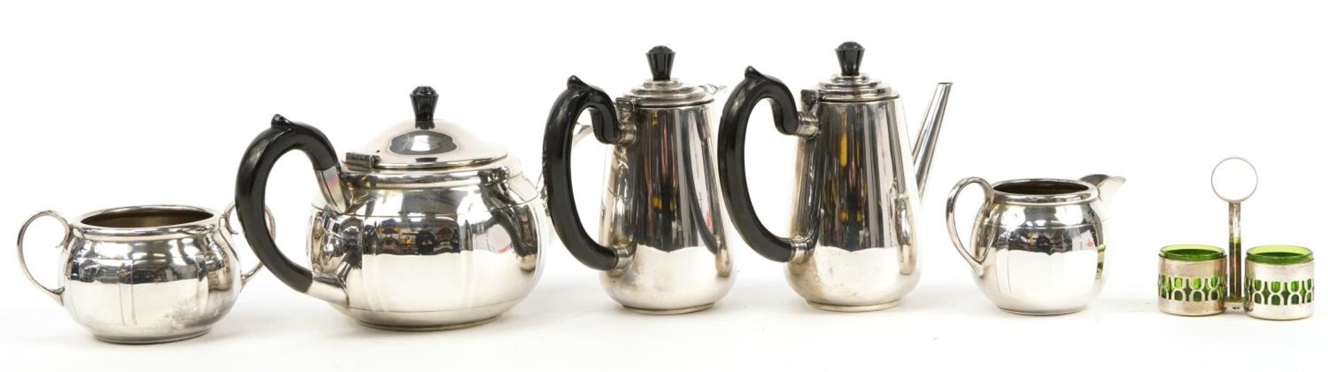 Silver plated items including a Modernist three piece tea set and matching water pot and coffee - Image 9 of 11