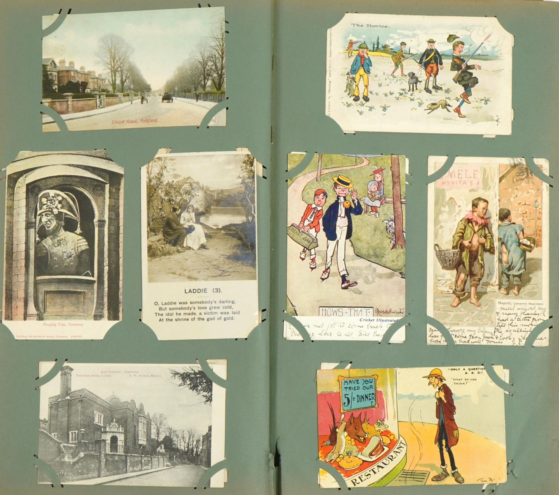 Edwardian and later topographical, social history and comical postcards arranged in an album - Image 12 of 15