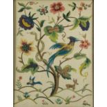 Arts & Crafts tapestry embroidered with flowers and bird of paradise, framed and glazed, 61cm x 45.