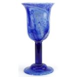 Graystan, early 20th century mottled blue pedestal glass cup etched Gray-stan to the base, 34cm high