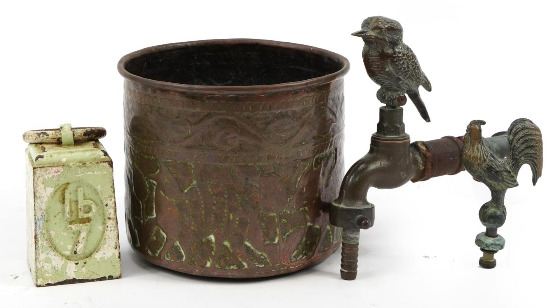 Antique and later metalware including two garden taps including one surmounted with a bronze